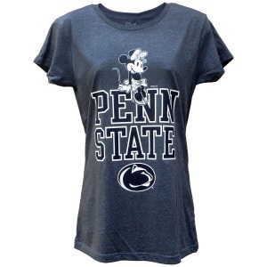 women's heather gray short sleeve t-shirt with Minnie Mouse sitting on Penn State above Athletic Logo